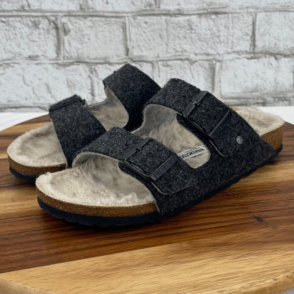 Birkenstock Arizona Rivet Wool Felt Doubleface Gray Womens 7/38 Narrow Sandals